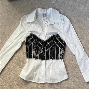 NWT Bebe White shirt with Black Sequin bustier design XS